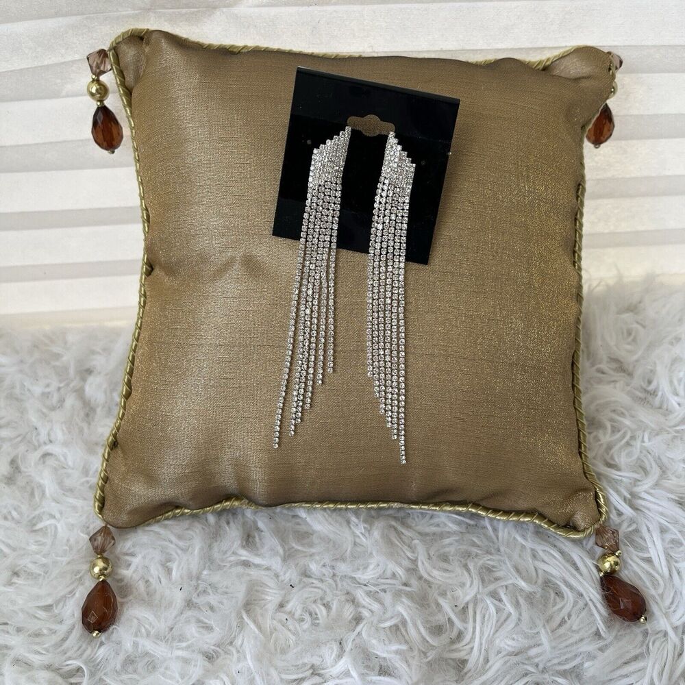 Earrings evening drop cascade tassel design with clear rhinestones, silver tone